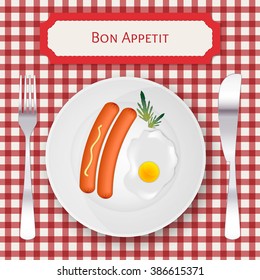 Realistic breakfast of Sausage with egg on a plate. Advertising of food, the restaurant sign.