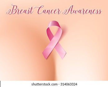 Realistic breast with pink ribbon, breast cancer awareness symbol. Healthcare and medicine concept. Vector illustration, eps10.