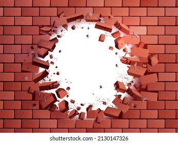 Realistic brick wall hole exploding vector illustration