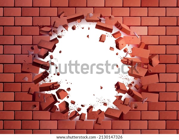 Realistic\
brick wall hole exploding vector\
illustration