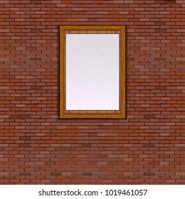 A realistic brick wall made of old red brick with a wooden white frame.