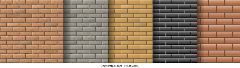 Realistic brick walls of different colors. Seamless pattern. Different brick textures collection. Brickwall surfaces for outdoor building. Vector illustration