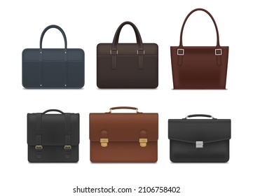 Realistic briefcase collection vector illustration. Stylish business accessories for paper documents, personal things, luggage carrying storage isolated. Businessman leather portfolio case with handle