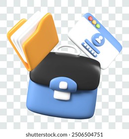 Realistic briefcase, folder with sheets, username card with password field