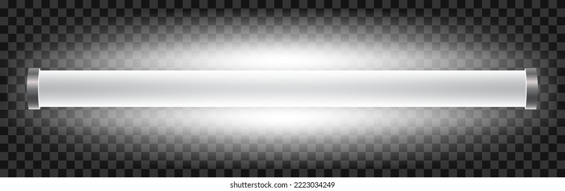 Realistic bright 3d long luminescence light lamp, white illuminated fluorescent tube isolated on transparent background – vector