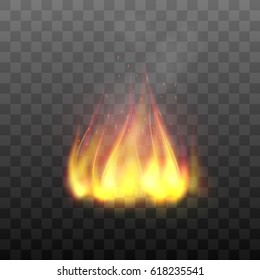 Realistic bright blazing campfire effect. Flaming bonfire, flame graphic design element. Vector illustration of fire isolated on black transparent background