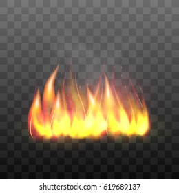 Realistic bright blazing campfire effect. Flaming bonfire, flame graphic design element. Vector illustration of fire isolated on black transparent background