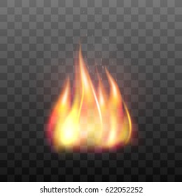 Realistic bright blazing campfire effect. Flaming bonfire, flame graphic design element. Vector illustration of fire isolated on black transparent background