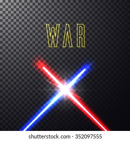 Realistic bright blue, red laser halogen beams. Crossed light swords on isolated transparent black background. Weapon futuristic from star war. Vector illustration, design elements for your projects