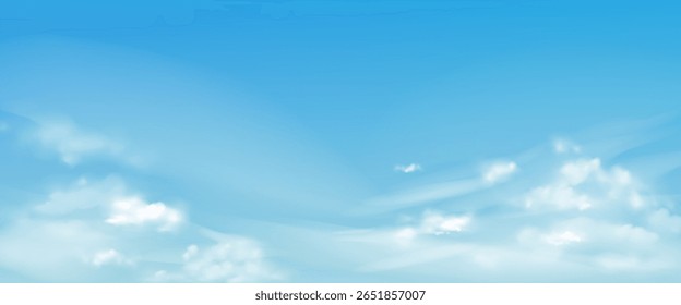 Realistic bright blue sky background with soft white clouds. Horizon nature landscape. Vector illustration. Gradient mesh.