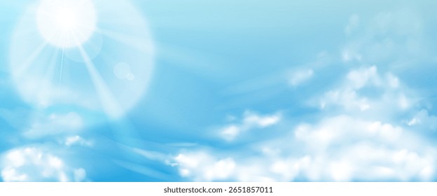 Realistic bright blue sky background with soft white clouds and glowing sun. Horizon nature landscape. Vector illustration. Gradient mesh.