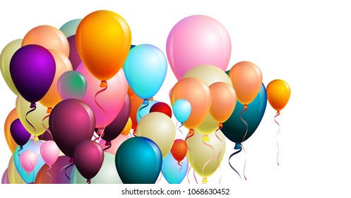 Realistic Bright Colored Helium Balloons. Party, Christmas, Birthday, New Year Festive Decoration. Elegant Seasonal Sale Confetti, Childrens Ornament. Falling Down, Flying Up Colored Balloons Set.