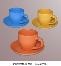 Realistic bright cups isolated on white background. Vector template for Mock Up or design. Vector eps 10 illustration