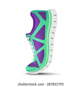 Realistic bright curved sport shoes for running. Vector illustration