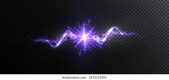 Realistic bright electric lightning discharge with glowing explosion effect with sparks and glare.