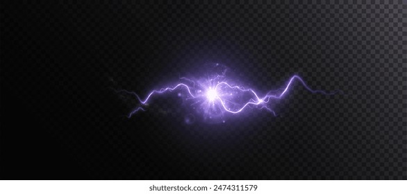 Realistic bright electric lightning discharge with glowing explosion effect with sparks and glare. Vector 10 EPS