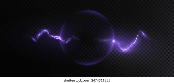 Realistic bright electric lightning discharge with glowing explosion effect with sparks and glare. Vector 10 EPS