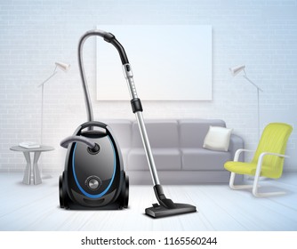 Realistic bright electrical vacuum cleaner with telescopic suction pipe on background of pale modern interior vector illustration  