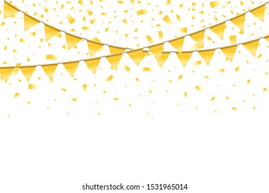 Realistic bright festive elegant template with golden garlands flags and falling confetti pieces on white background. Vector illustration