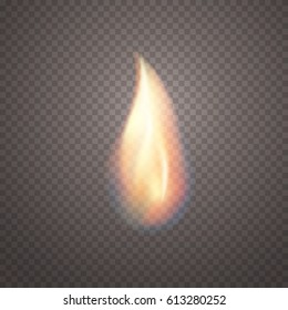 Realistic bright fire flame isolated on transparent background. Vector burn yellow and red translucent candlelight. Special glowing light effects template for your design