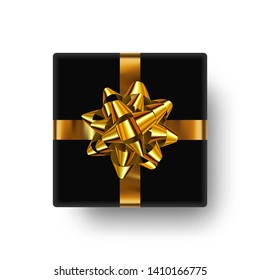 Realistic bright gift box with lush, shiny star-shaped gold bow. Ready gift box vector clipart for holiday banner decorations, posters, cards and more.