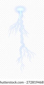 Parafuso brilhante realista brilhante. Efeito da descarga elétrica brilhante do raio azul isolado no fundo quadriculado claro. Efeito luminoso brilhante brilhante do vetor ou tempestades.