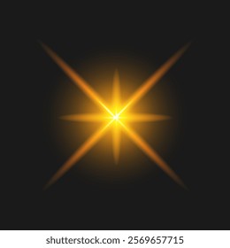 A realistic, bright golden star effect with sharp rays and a radiant center. A dazzling yellow starburst with four points, perfect for accents, icons, and enhancing design emphasis.