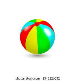 Realistic bright inflatable ball. Green, red, yellow and blue striped beach ball isolated on white background.  Sports and outdoors leisure. Vector illustration