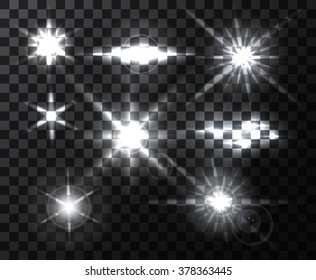 Realistic bright lens flares beams and flashes on transparent backdrop. Design elements, decorative effects on isolated background. Vector illustration. Eps10