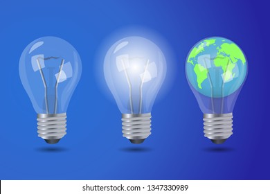 Realistic bright light bulb, off lamp and light bulb with the planet Earth at Earth Hour on an isolated white background. Vector illustration.