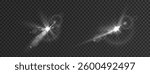 Realistic bright light flash with glowing rays and lens flare effect on a transparent background, isolated white starburst spark, shining explosion with soft glow and reflection for decoration and des