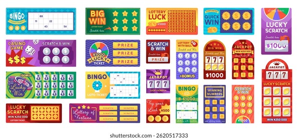 Realistic bright lottery ticket set. Lucky bingo card set icon