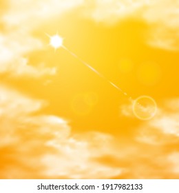 Realistic bright orange desert sky with sun, sunbeam and white clouds. Vector background of daytime sunny sky.