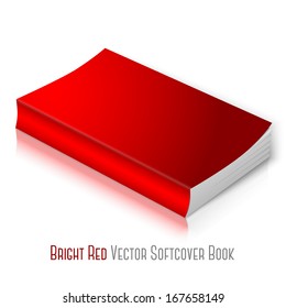 Realistic bright red blank softcover book. Isolated on white background with reflection for your design or branding. Vector 