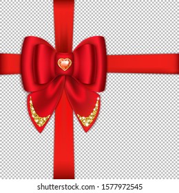 Realistic bright red bow and ribbon isolated on a transparent background. With a bright shiny glitter. Mockup for greeting card, brochure or poster. Vector  stok illustration.