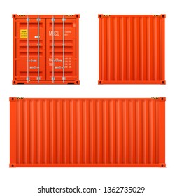 Realistic bright red cargo container set. The concept of transportation. Closed container. Front, back and side. Realistic vectors set on white background.