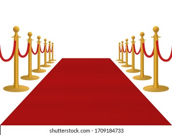 Realistic Bright Red Carpet With Barriers 3d Vector Illustration. Luxury Entrance To Vip Event Or Celebrity Party Isolated On White Background. Premiere Show Ceremony