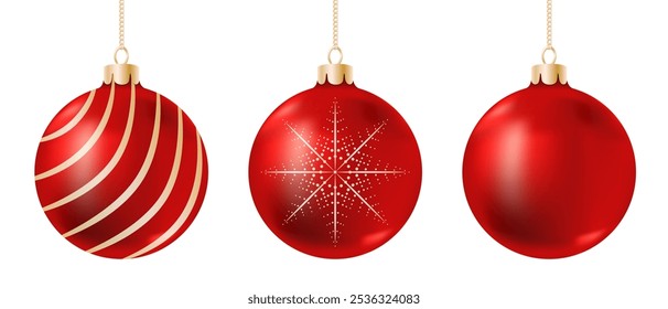 Realistic bright red Christmas balls set isolated on white. 3D balls with golden glistering stripes and snowflake pattern hanging on a chain. New Year decoration. Vector clipart for holiday design.