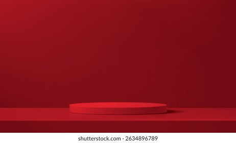 Realistic bright red cylindrical 3d podium for the presentation and presentation of goods