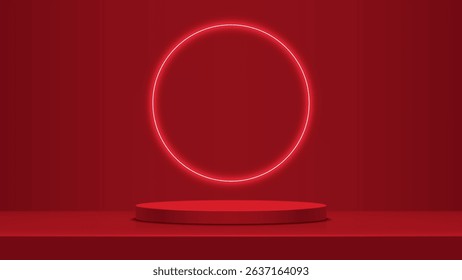 Realistic bright red cylindrical 3d podium with neon circle for the presentation and presentation of goods