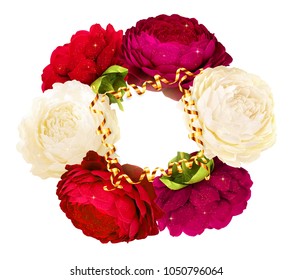 Realistic bright red and purple peonies frame with golden serpentine, vector illustration isolated on white background