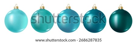 Realistic bright turquoise Christmas balls set isolated on white background. Pure 3D ball, vibrant color shades, light and dark teal, cyan or aquamarine gradient. Vector clipart, New Year decoration.