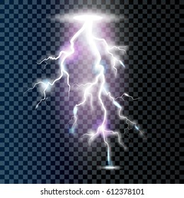 Realistic bright vector lightning on checkered background.