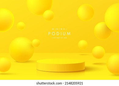 Realistic bright yellow 3D cylinder pedestal podium in abstract room with bouncing sphere balls. Minimal scene for mockup products stage for showcase, promotion display. Vector geometric forms design.