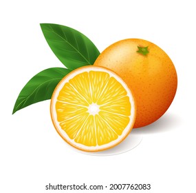 Realistic bright yellow orange with green leaf whole and sliced vector