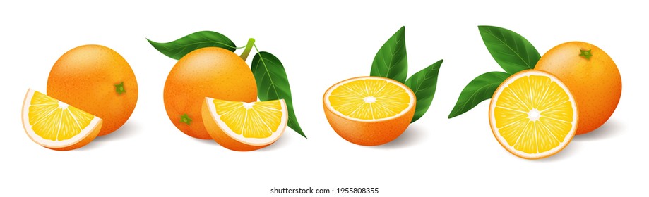 Realistic bright yellow oranges with green leaf whole and sliced set