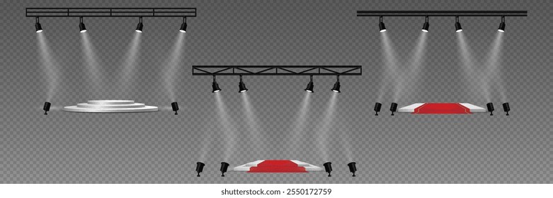 Iluminação realista e brilhante do pódio e estúdio, luz de holofote. Em um fundo transparente.