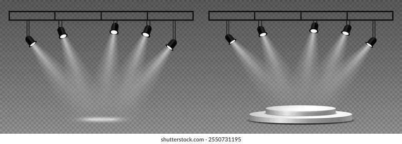 Iluminação realista e brilhante do pódio e estúdio, luz de holofote.