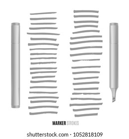 Realistic broad marker with different strokes. Vector illustration.