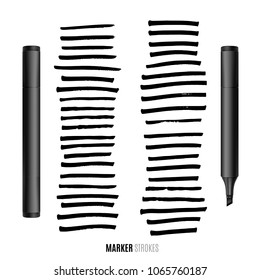 Realistic broad marker with different strokes. Vector illustration.